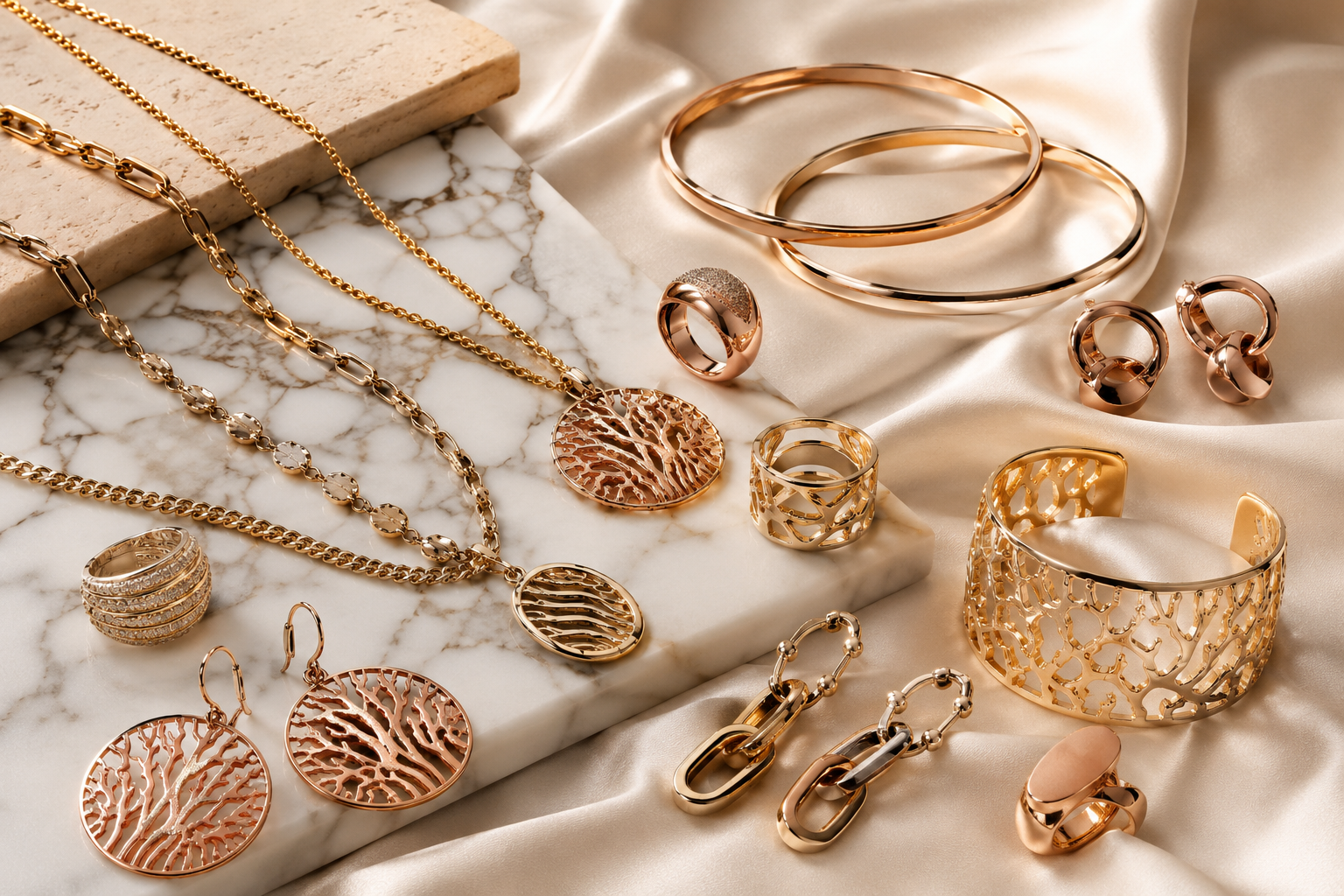 Italian gold jewelry in yellow gold and rose gold tones, including necklaces, cuffs, earrings and rings, styled on marble and satin.